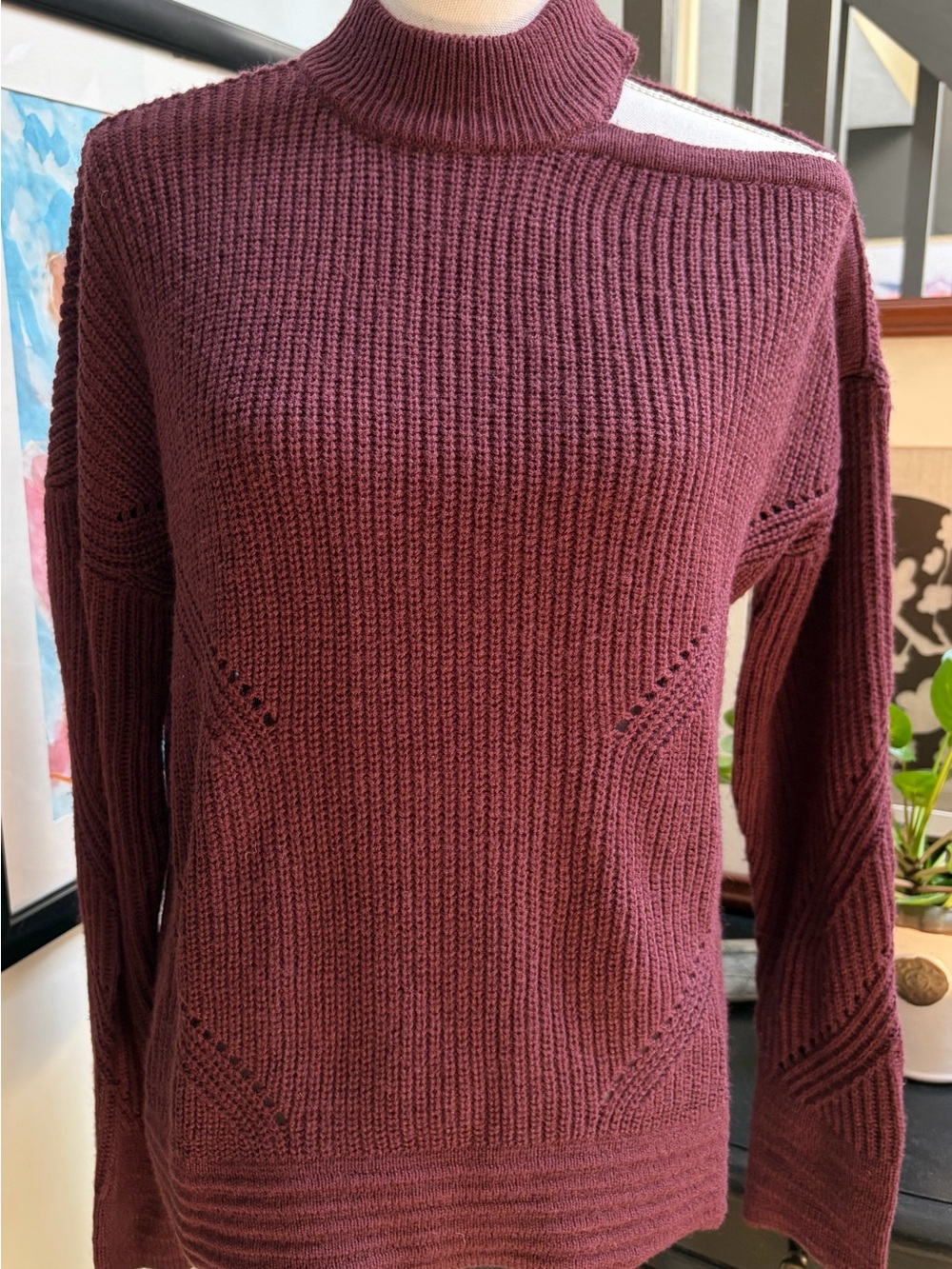 Worthington Burgundy Ribbed Cutout Shoulder Turtleneck Sweater